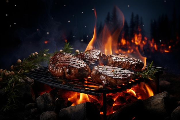 Gegrilde biefstukken op een barbecue-grill met vlammen en rook