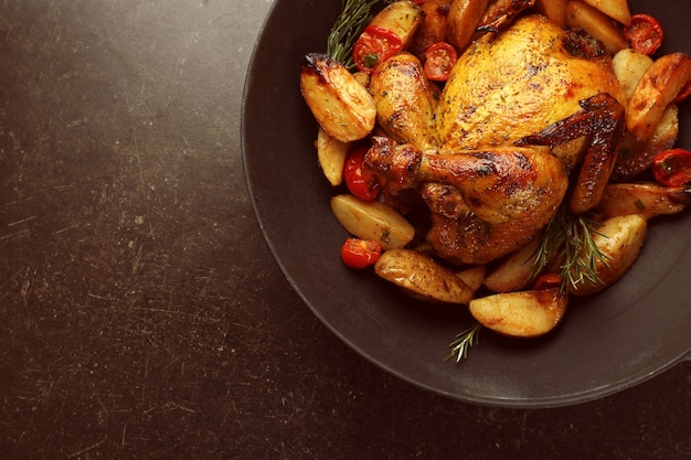 Gegrilde bierblikje kip in pan op tafel