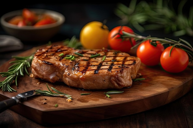 Foto gegrilde black angus steak met tomaten knoflook met chimichurri saus op vlees snijplank