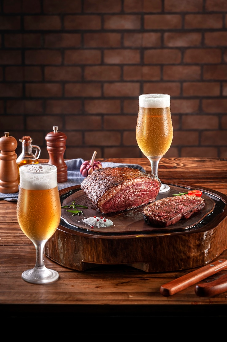 Gegrilde cap rumpsteak op houten snijplank met twee zweterige koude tulipa glazen bier. Houten tafel en bakstenen muur achtergrond (Braziliaanse picanha).