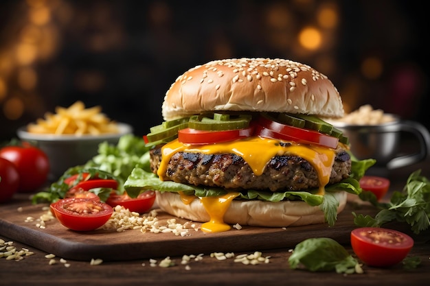 Gegrilde cheeseburger op sesambroodje met verse toppings