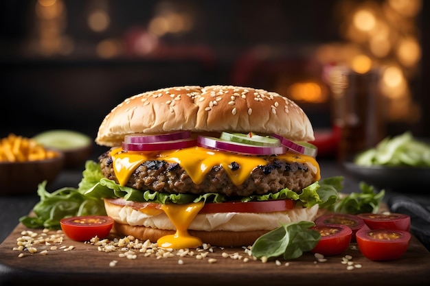 Gegrilde cheeseburger op sesambroodje met verse toppings