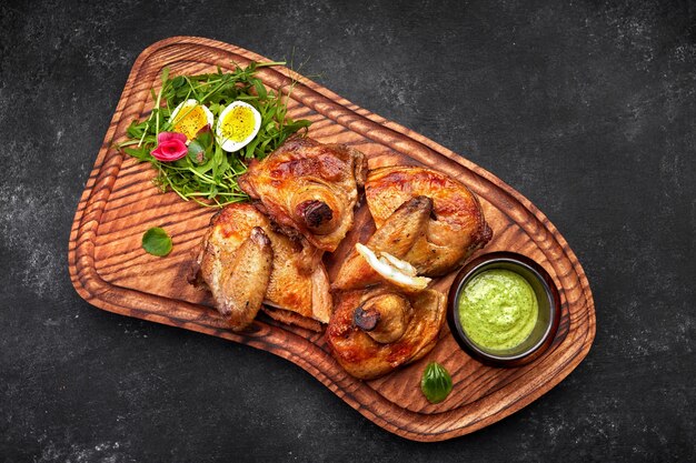 Gegrilde chick met kruiden en saus op een houten bord op een zwarte achtergrond