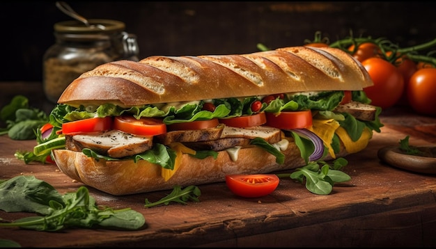 Gegrilde ciabatta-sandwichmaaltijd met rundvlees en groenten, gegenereerd door AI