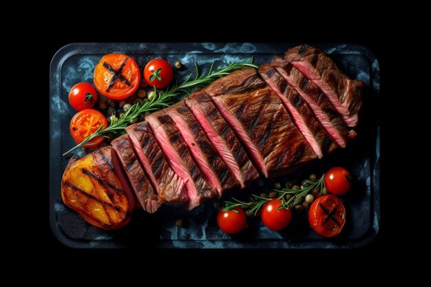 Gegrilde entrecote De strip steak of New York strip Op een metalen plaat met kolen Generatieve AI