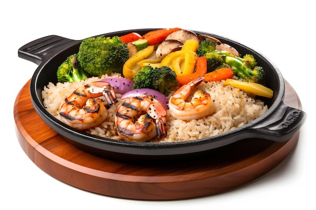 Gegrilde garnalen op een sissend bord met groenten en rijst Generatieve AI in Japanse stijl