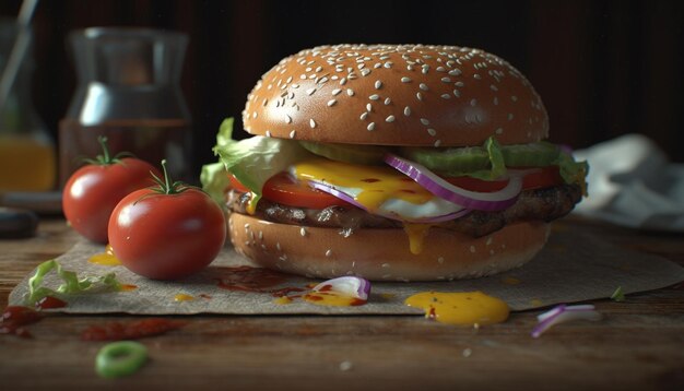 Foto gegrilde gastronomische cheeseburger met verse tomaat op rustiek sesambroodje gegenereerd door kunstmatige intelligentie