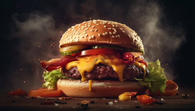 Gegrilde gastronomische cheeseburger op sesambroodje gegenereerd door AI