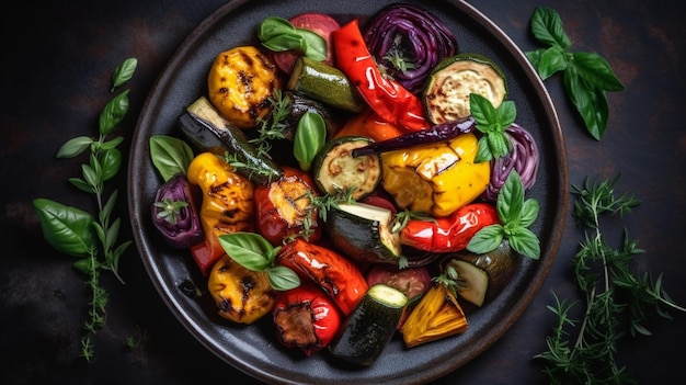 Gegrilde groenten kleurrijke paprika courgette aubergine met basilicum en droge kruiden Generatieve AI