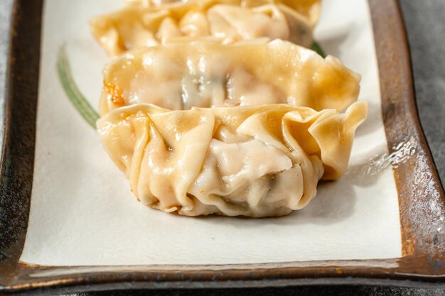 Gegrilde gyoza of jiaozi gebakken gevulde knoedels negatieve ruimte