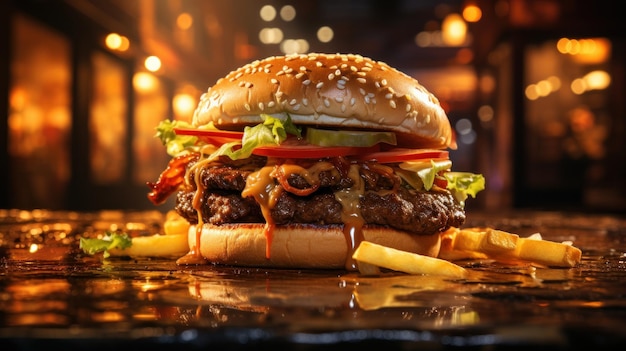 Gegrilde hamburger en frietjes voedsel generatieve AI