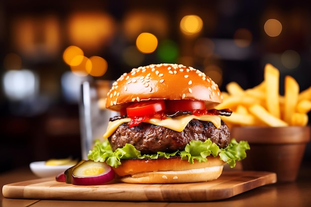 Gegrilde hamburger met friet op een houten tafel op de wazige achtergrond