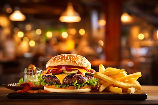 Gegrilde hamburger met friet op een houten tafel op de wazige achtergrond