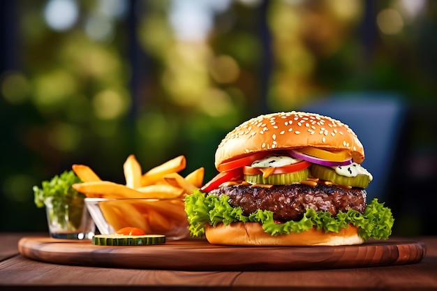 Gegrilde hamburger met friet op een houten tafel op de wazige achtergrond