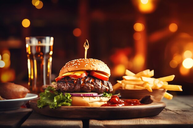 Gegrilde hamburger met friet op een houten tafel op de wazige achtergrond