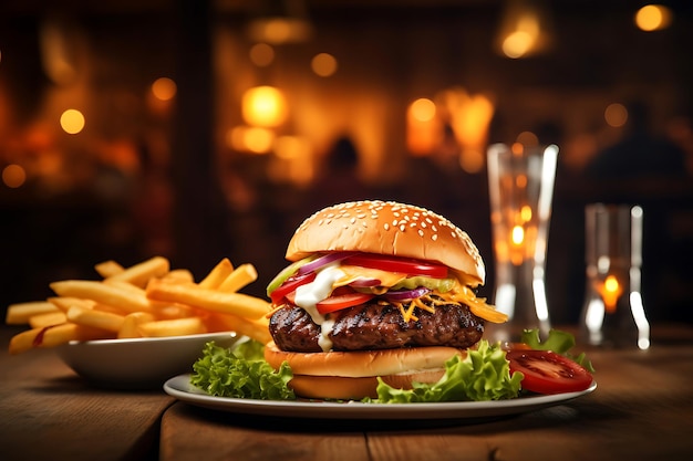 Gegrilde hamburger met friet op een houten tafel op de wazige achtergrond