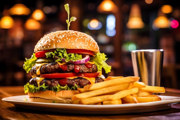 Gegrilde hamburger met friet op een houten tafel op de wazige achtergrond