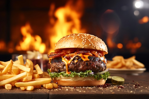 Gegrilde hamburger met friet op een houten tafel op de wazige achtergrond