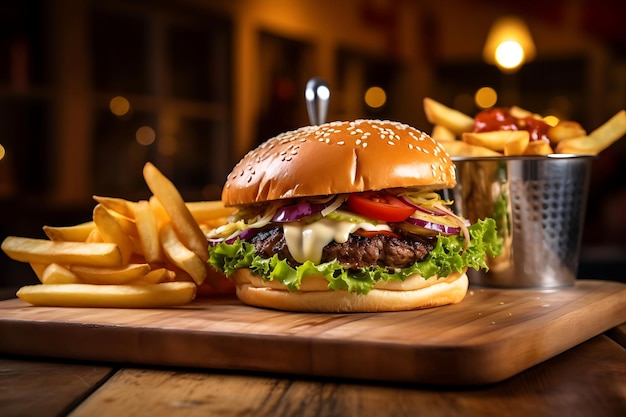 Gegrilde hamburger met friet op een houten tafel op de wazige achtergrond