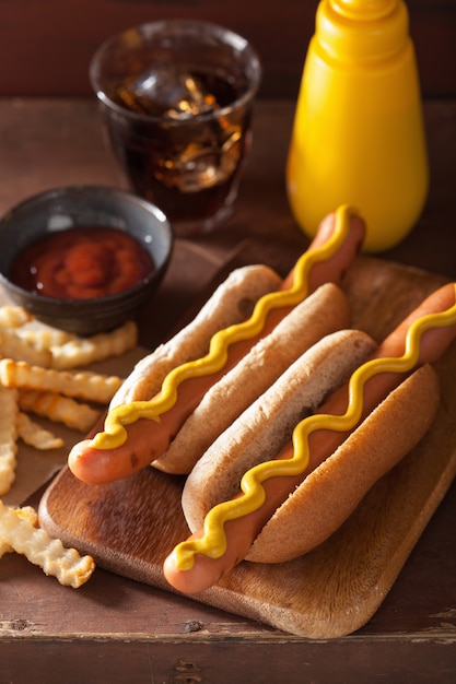 Gegrilde hotdogs met mosterd en frietjes