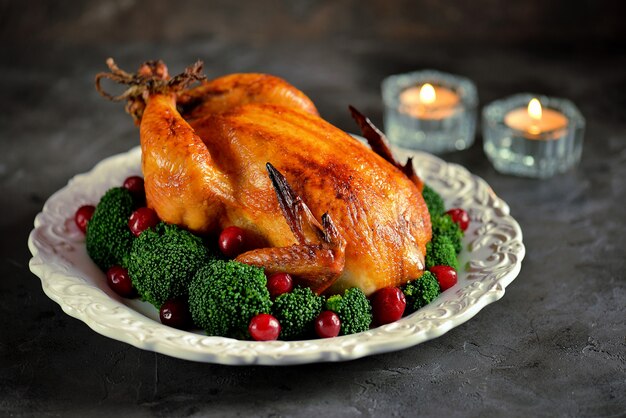 Gegrilde kip met gekookte broccoli en veenbessen.