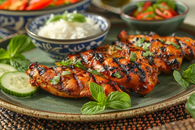 Gegrilde kippenborst met kruiden op keramische plaat Rijssalade Gourmet maaltijdconcept