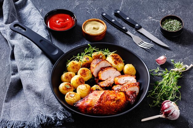 gegrilde kippenborsten met gebruineerde nieuwe aardappelen