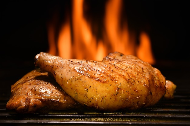 Gegrilde kippendijen op de vlammende grill