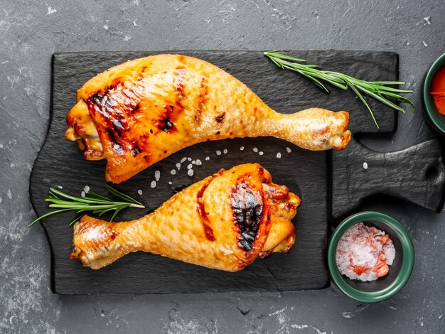 Gegrilde kippenpoten met kruiden op een snijplank op een stenen ondergrond