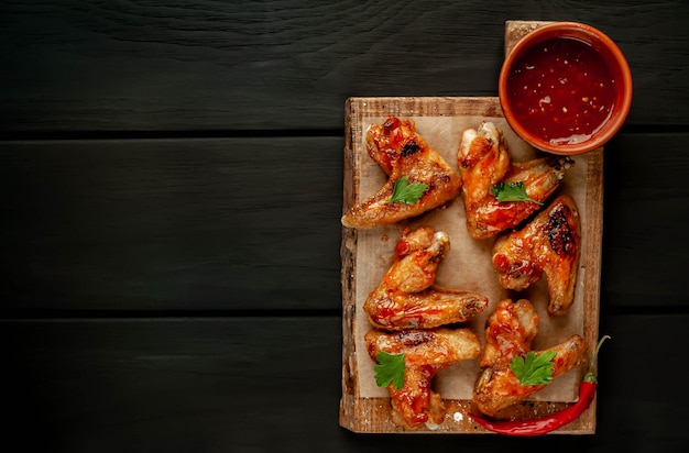 Gegrilde kippenvleugels in een barbecuesaus met peterselie op een snijplank op een betonnen tafel. Bovenaanzicht. met kopie ruimte voor uw tekst