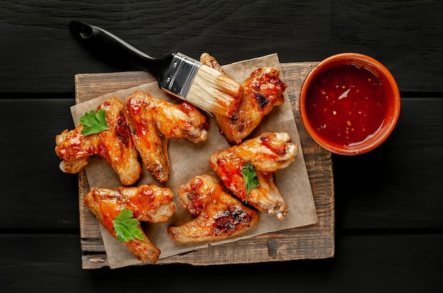 Gegrilde kippenvleugels in een barbecuesaus met peterselie op een snijplank op houten achtergrond