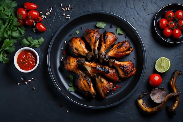 gegrilde kippenvleugels of geroosterde barbecue met specerijen en tomatensalsa op een zwart bord