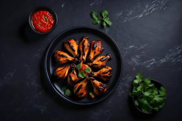 gegrilde kippenvleugels of geroosterde barbecue met specerijen en tomatensalsa op een zwart bord