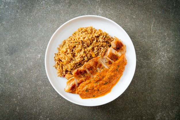 Gegrilde kipsteak met rode currysaus en rijst