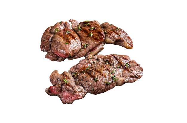 Gegrilde lamskotelet been steaks schapenvlees vlees met kruiden geïsoleerd op een witte achtergrond