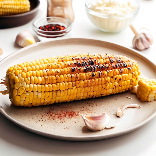 Gegrilde maïs met kruidenboter en knoflook op een bord op de witte tafel