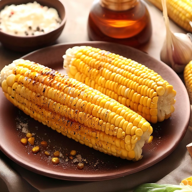 Gegrilde maïs met kruidenboter en knoflook op een bord op tafel