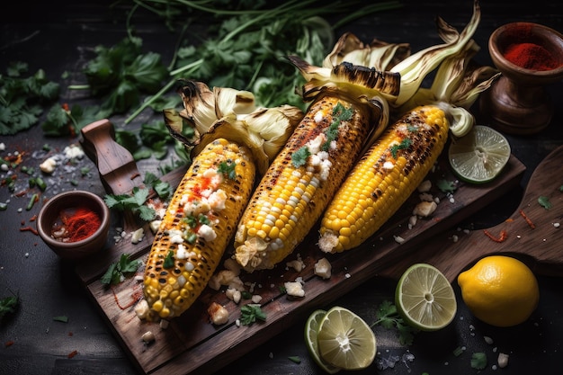 Gegrilde maïs met verschillende toppings, waaronder verse kruiden, specerijen en kaas generatieve ai