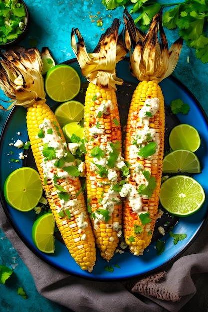 Gegrilde maïskolven met saus, koriander, limoen, paprika en kaas Mexicaans eten Bovenaanzicht Kopieer ruimte