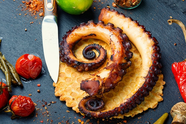 Gegrilde octopus op kaaswafel