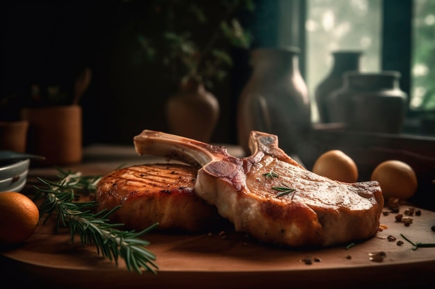 Gegrilde of in de pan geroosterde karbonades op het bot met knoflookrozemarijn en fijne kruiden AI gegenereerd