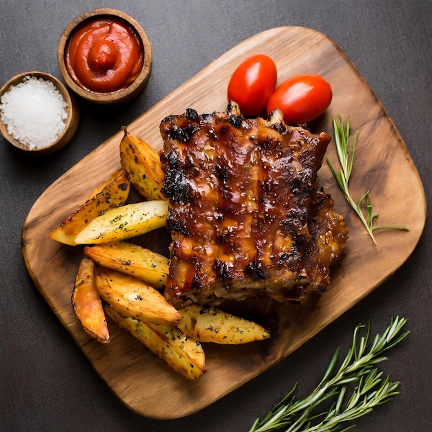 Foto gegrilde ribben op het houten bord tomaten peper aardappel