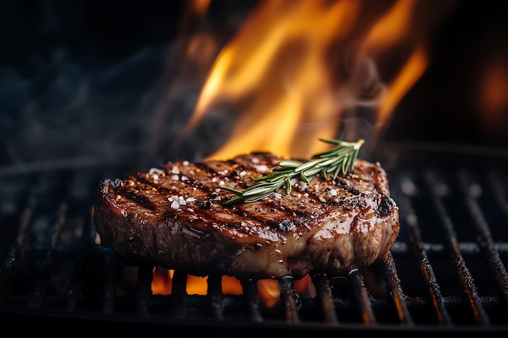 Foto gegrilde ribeye steak met rosemary op het vuur
