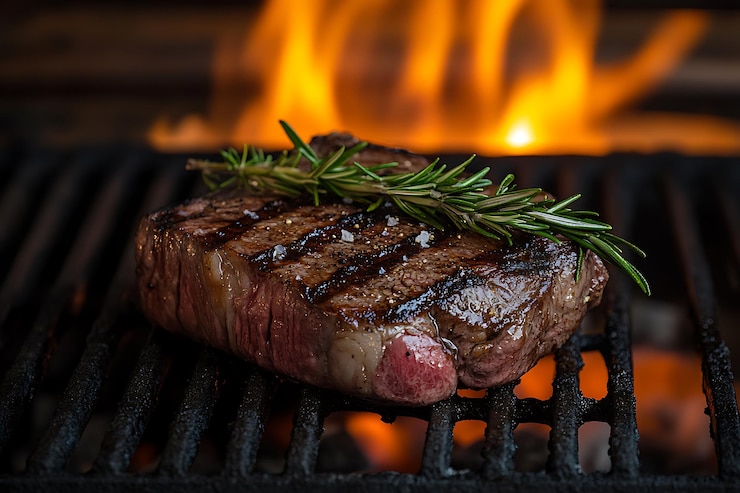 Foto gegrilde ribeye steak met rosemary op het vuur