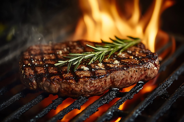Foto gegrilde ribeye steak met rosemary op het vuur