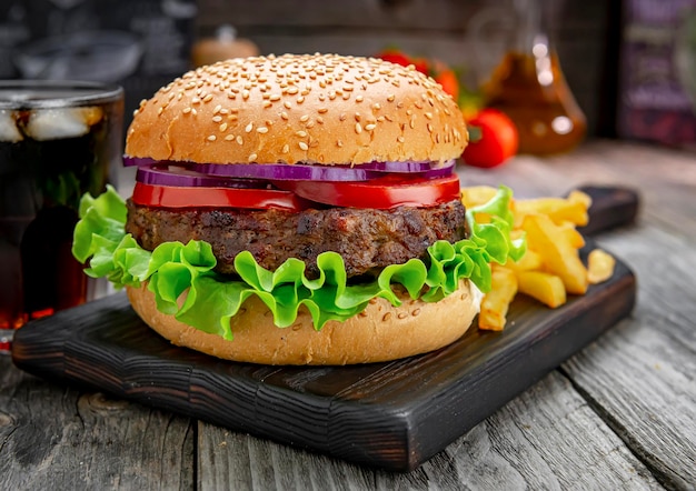 Gegrilde runderburger met tomaten uitjes en gebakken aardappelen