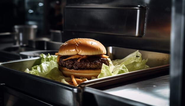 Foto gegrilde rundvleesburger met kaastomaat en ui op broodje gegenereerd door kunstmatige intelligentie