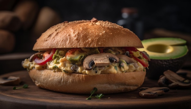 Gegrilde rundvleesburger op ciabatta met guacamole gegenereerd door kunstmatige intelligentie