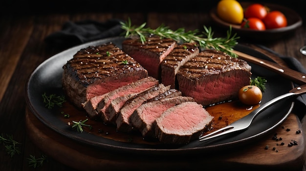 Foto gegrilde rundvleessteaks met specerijen op een houten snijplank