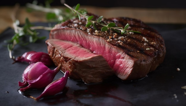 Gegrilde sirloin steak op houten bord sappig en zacht gegenereerd door AI